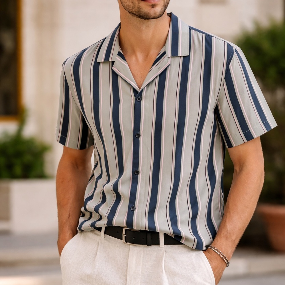 The Kooples Navy, White & Gray Vertical Stripe Short-Sleeve Shirt
